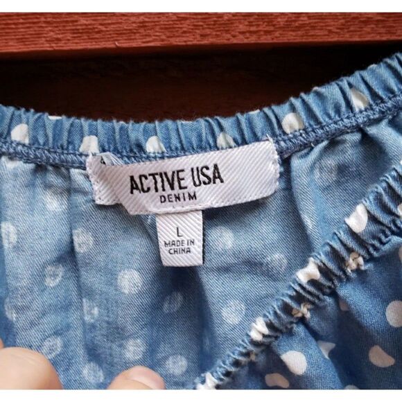 Active USA Off shoulders blue white polka dot lace trim top Large nwt - Picture 4 of 6